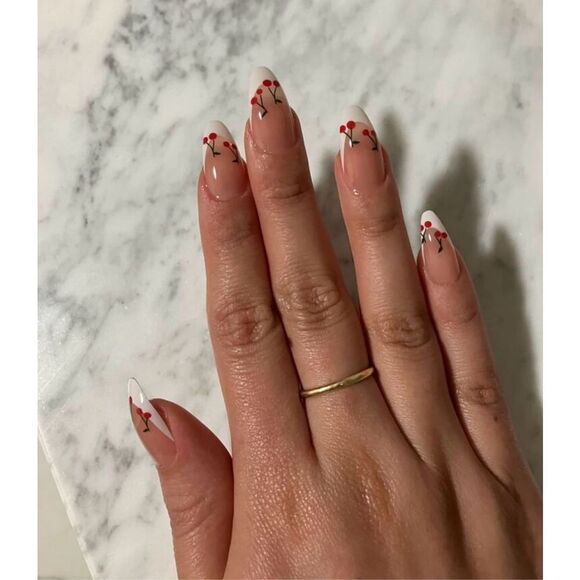 Whimsy Kawaii Cottagecore 24 Piece Cherry French Tip Almond Shape Nails - Picture 10 of 11